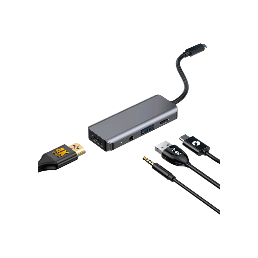 Porodo 4in1 USB-C Hub PD-41CHB-GY – 4K HDMI / 100W PD / USB 3.0 / 3.5mm Audio / Aluminum Body