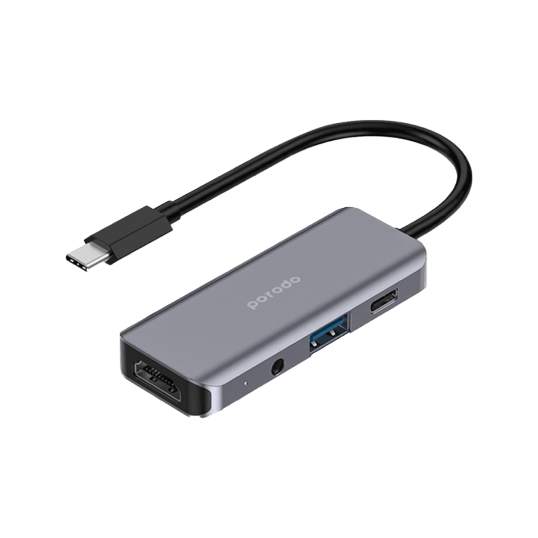 Porodo 4in1 USB-C Hub PD-41CHB-GY – 4K HDMI / 100W PD / USB 3.0 / 3.5mm Audio / Aluminum Body 2