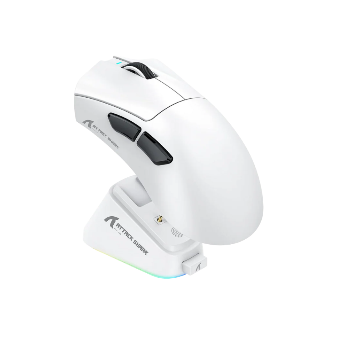 ATTACK SHARK V3 Pro White – Tri-Mode Wireless Gaming Mouse with RGB Charging Dock